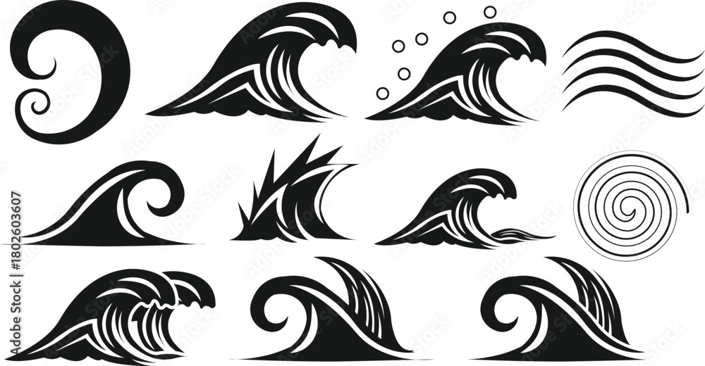 Fototapeta premium Collection of stylized black and white ocean wave illustrations and designs