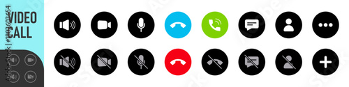 Set of Video call icons. Video conference. Collections buttons of on-line video chat app, internet talk, call technology. Web app ui display template. Videoconferencing and online meeting workspace