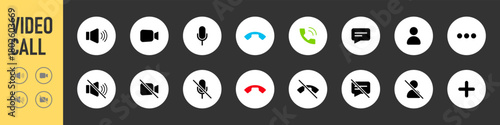 Set of Video call icons. Video conference. Collections buttons of on-line video chat app, internet talk, call technology. Web app ui display template. Videoconferencing and online meeting workspace