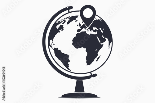 World globe icon featuring map pointer highlighting Europe continent location in monochrome