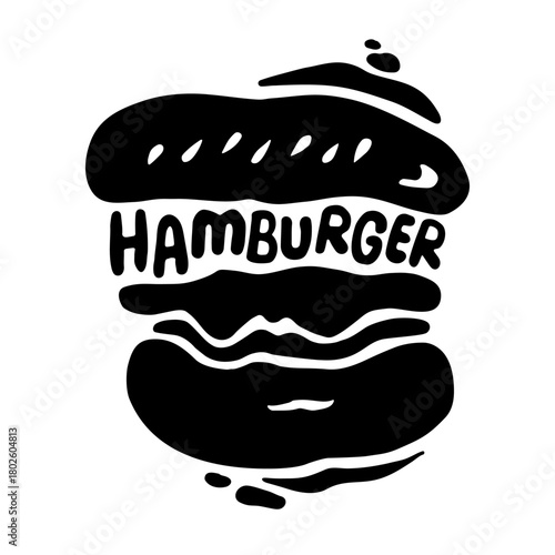 Fresh and fluffy hamburger with a signature. Vector black and white illustration, in the style of a logo, on a white isolated background