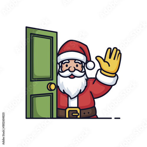 Cheerful cartoon Santa Claus waving hello at the door.