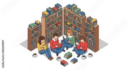 Isometric library scene featuring people reading surrounded by tall bookshelves