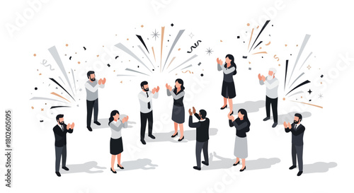 Celebratory business team clapping with confetti in isometric style