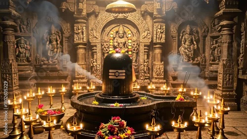 Shiva Linga surrounded by glowing brass lamps inside a richly carved temple sanctum with mystical warm aura