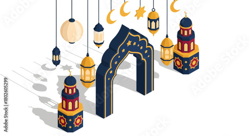 Isometric ramadan lanterns and arch with crescent moon and stars in blue and gold
