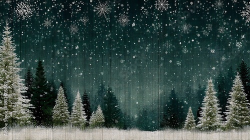 Dark Green Forest Winter Scene with Snowfall and Snow- Covered Trees Keywords: snow, snowflake, winter, christmas, photo