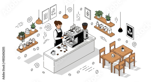 Barista preparing coffee in modern cafe with minimalist isometric design