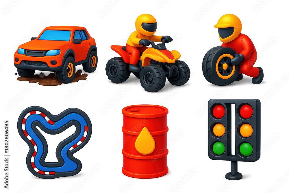Fototapeta premium Collection of cartoon characters and vehicles, including a race car, a truck