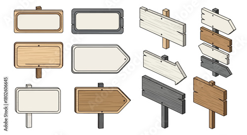Isometric wooden sign boards: diverse designs and directions