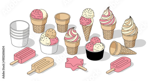 Assorted ice cream treats in cones and cups with popsicles in fun cartoon style