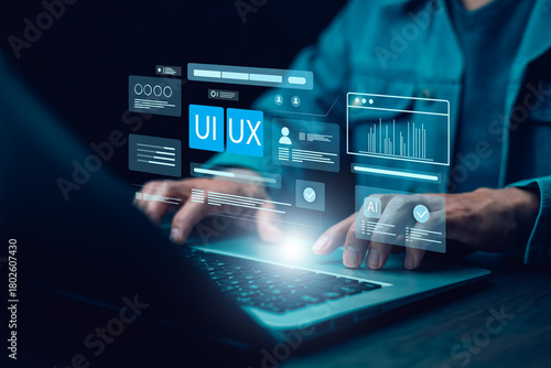 Futuristic UI UX design concept with digital holographic interface and AI data visualization on tablet, showing innovation in user experience, web design, and technology development.