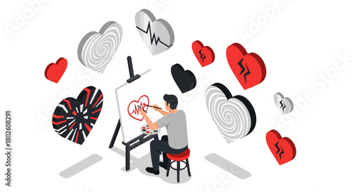 Artist painting hearts with vibrant designs on canvas in 3d art style