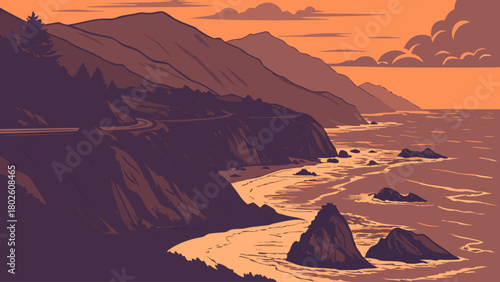 “Big Sur sunset with cliffs and ocean, moody vector”