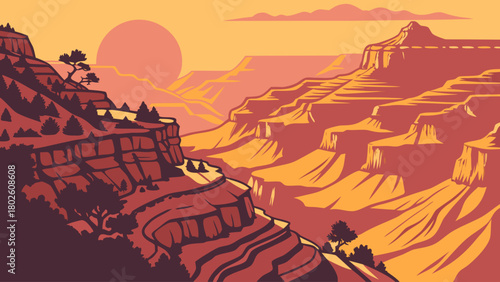 “Grand Canyon sunrise with layered cliffs, dramatic vector”
