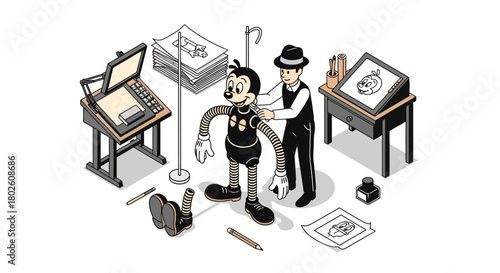 Retro animation studio scene with cartoon character and animator in isometric style