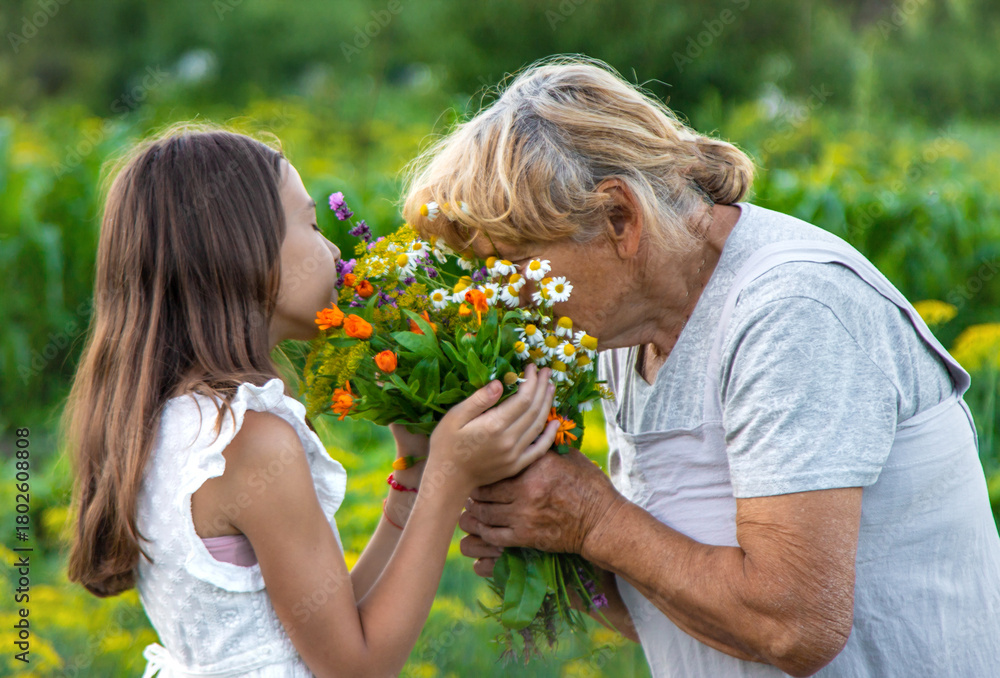 Fototapeta premium Grandmother and granddaughter hold medicinal herbs and flowers in their hands. Selective focus.