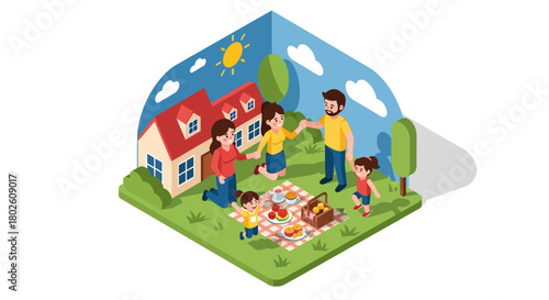 Happy family enjoying summer picnic in isometric style outdoors with children and pets