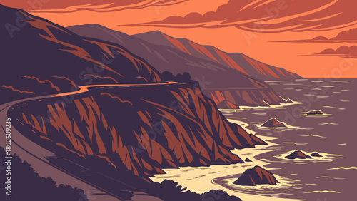 “Big Sur sunset with cliffs and ocean, moody vector”