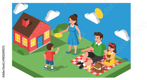 Family enjoying picnic in the backyard with frisbee and toys on a sunny day