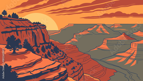 “Grand Canyon sunrise with layered cliffs, dramatic vector”