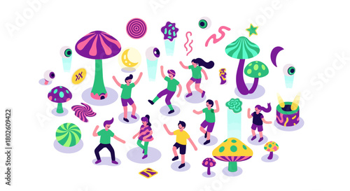 Playful isometric people and fantasy mushrooms in a whimsical dance scene
