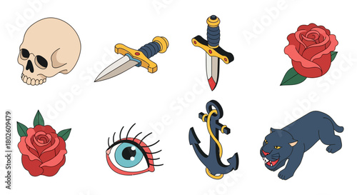 Colorful traditional tattoo icons set with skull, dagger, rose, eye, anchor, and panther