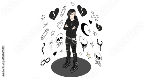 Edgy punk character in black outfit with emo icons and grunge symbols