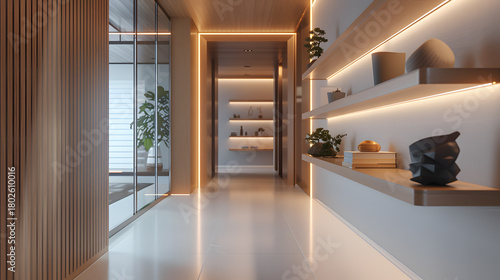 modern hallway with futuristic LED wall strip lighting, floating wooden shelves, sculptural decorative pieces, clean minimalist architecture, cinematic wide-angle shot