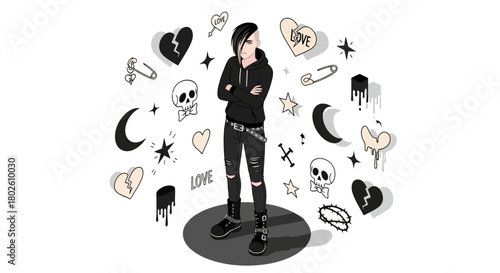 Stylish emo character with alternative symbols and dark fashion elements