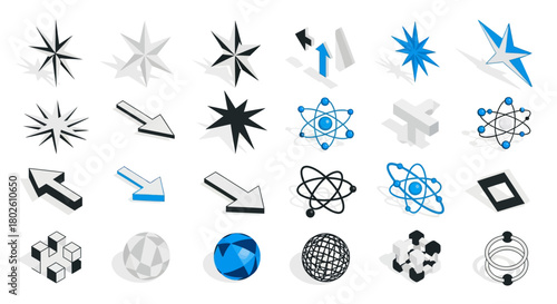 Isometric geometric symbols with arrows and atomic models in blue and black