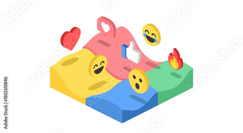 3d emoji social media reactions on colorful rising platforms with heart and thumbs up