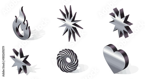 Modern metallic shapes: stars, flames, and heart designs in 3d style