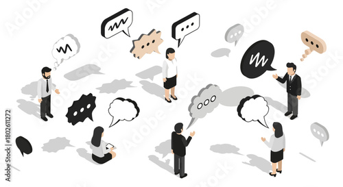 Isometric business team communication with speech bubbles in black and white