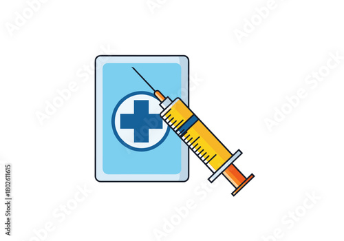Syringe and alcohol wipe with medical cross symbol in background  