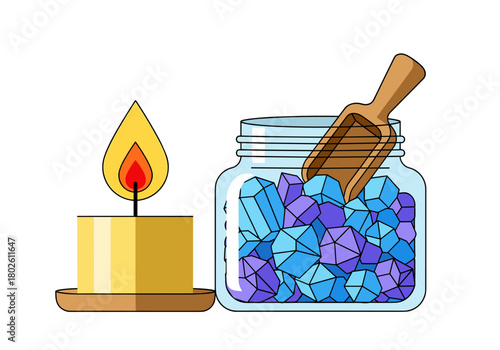 Aromatic bath salts in jar with wooden scoop and lit candle  