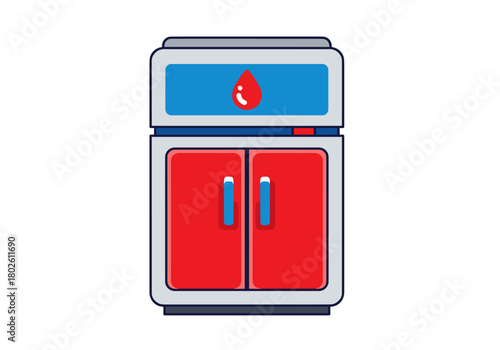 Blood storage refrigerator in blue and red design for medical use  