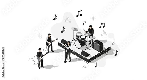 Isometric band performance with musical notes and instruments on stage