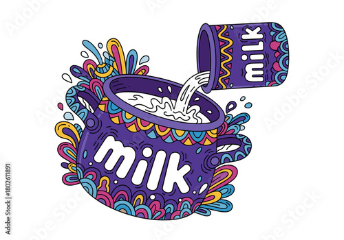 Milk overflowing from colorful pot with decorative elements  