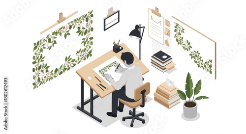 Designer creating botanical artwork in modern workspace with isometric perspective