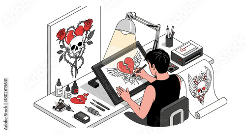 Tattoo artist designing in modern studio with digital tools and traditional sketches
