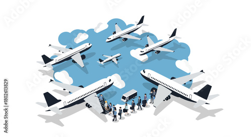 Dynamic isometric air travel scene with passengers and airplanes in blue sky
