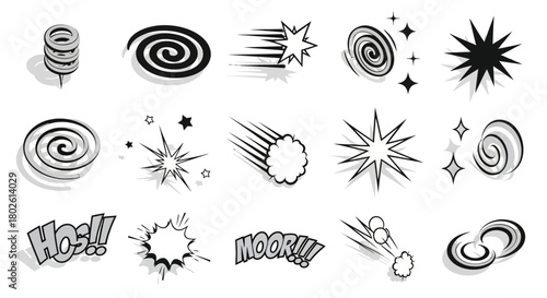 Dynamic comic elements with explosive stars and spirals in black and white