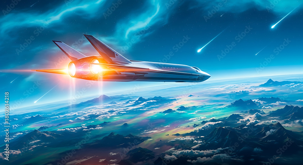 Fototapeta premium Experience the thrill of futuristic space travel with a sleek spaceship soaring above Earth's stunning landscape under a meteor shower, ideal for science, exploration, and technology concepts