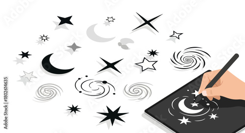 Hand drawing celestial motifs on tablet: stars, moons, and swirls in monochrome design