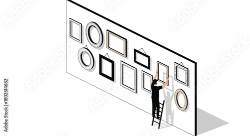 Minimalist isometric art gallery with man arranging frames on wall