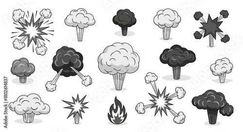 Collection of cartoon explosions and smoke clouds in monochrome style