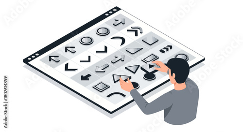 Interactive isometric design of a user selecting arrow icons on a digital display