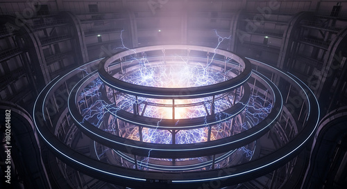 Dramatic energy core powering future technology, showcasing innovation in a futuristic industrial setting, ideal for science and technology projects, conveying power and progress