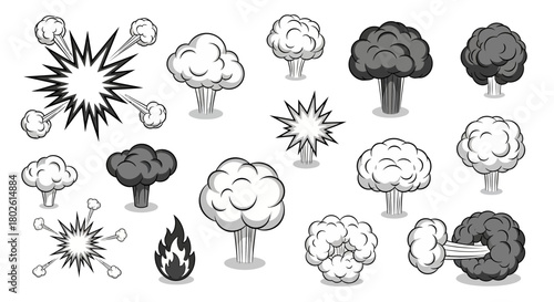 Set of cartoon explosion effects in black and white for comic design